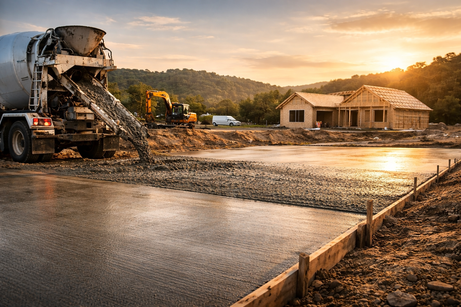 Freshly poured concrete driveway and residential concrete project at sunset